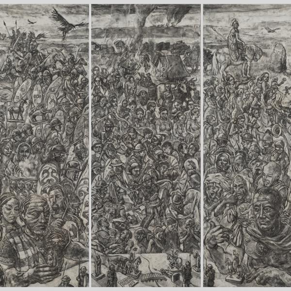 La Grande Migration des Helvètes, Triptyque, fusain sur toile de lin, 140 x 165 cm, 2015
