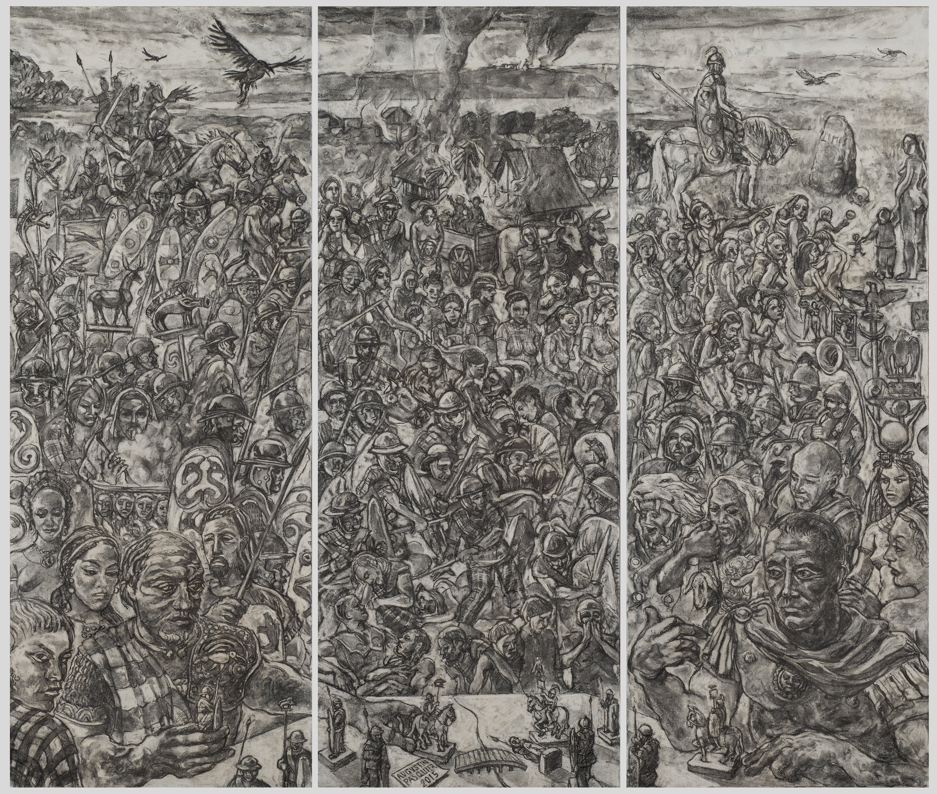 La Grande Migration des Helvètes, Triptyque, fusain sur toile de lin, 140 x 165 cm, 2015